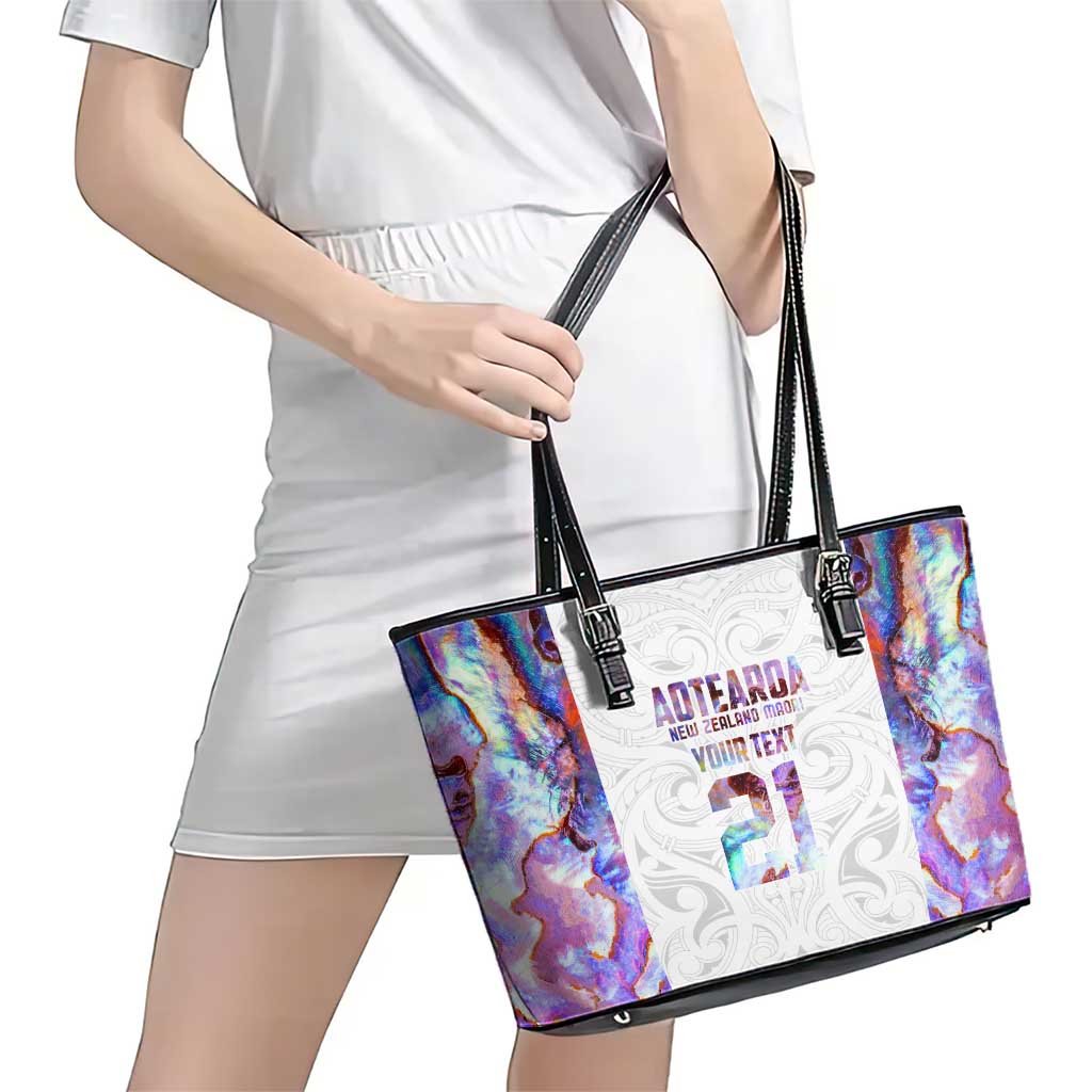 Custom New Zealand Aotearoa Leather Tote Bag Pink Maori Paua Shell Indigenous - Polynesian Pride