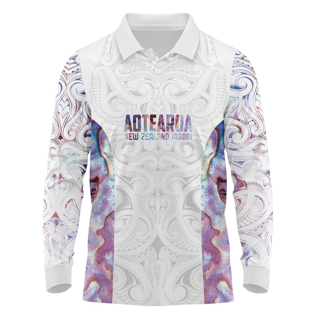 Custom New Zealand Aotearoa Long Sleeve Polo Shirt Pink Maori Paua Shell Indigenous - Polynesian Pride