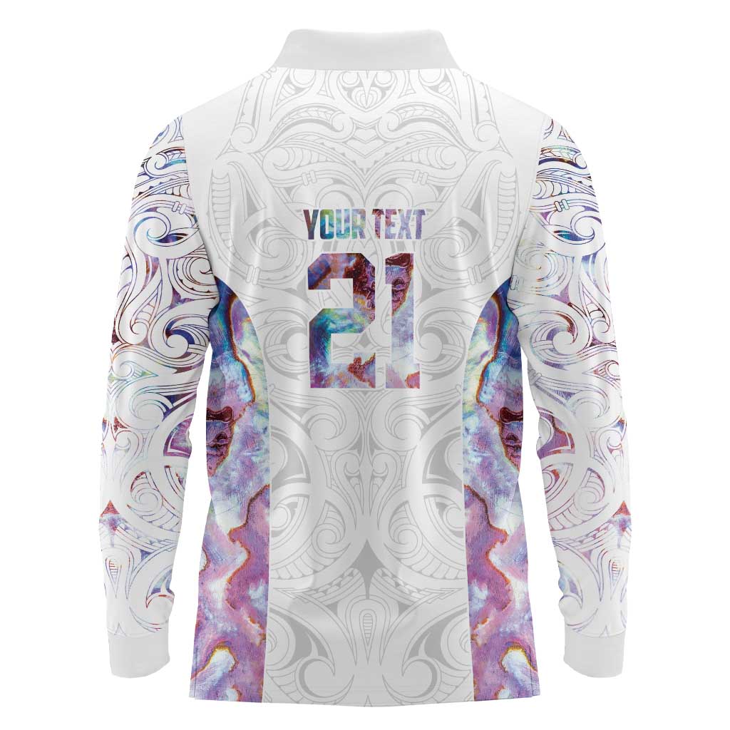 Custom New Zealand Aotearoa Long Sleeve Polo Shirt Pink Maori Paua Shell Indigenous - Polynesian Pride