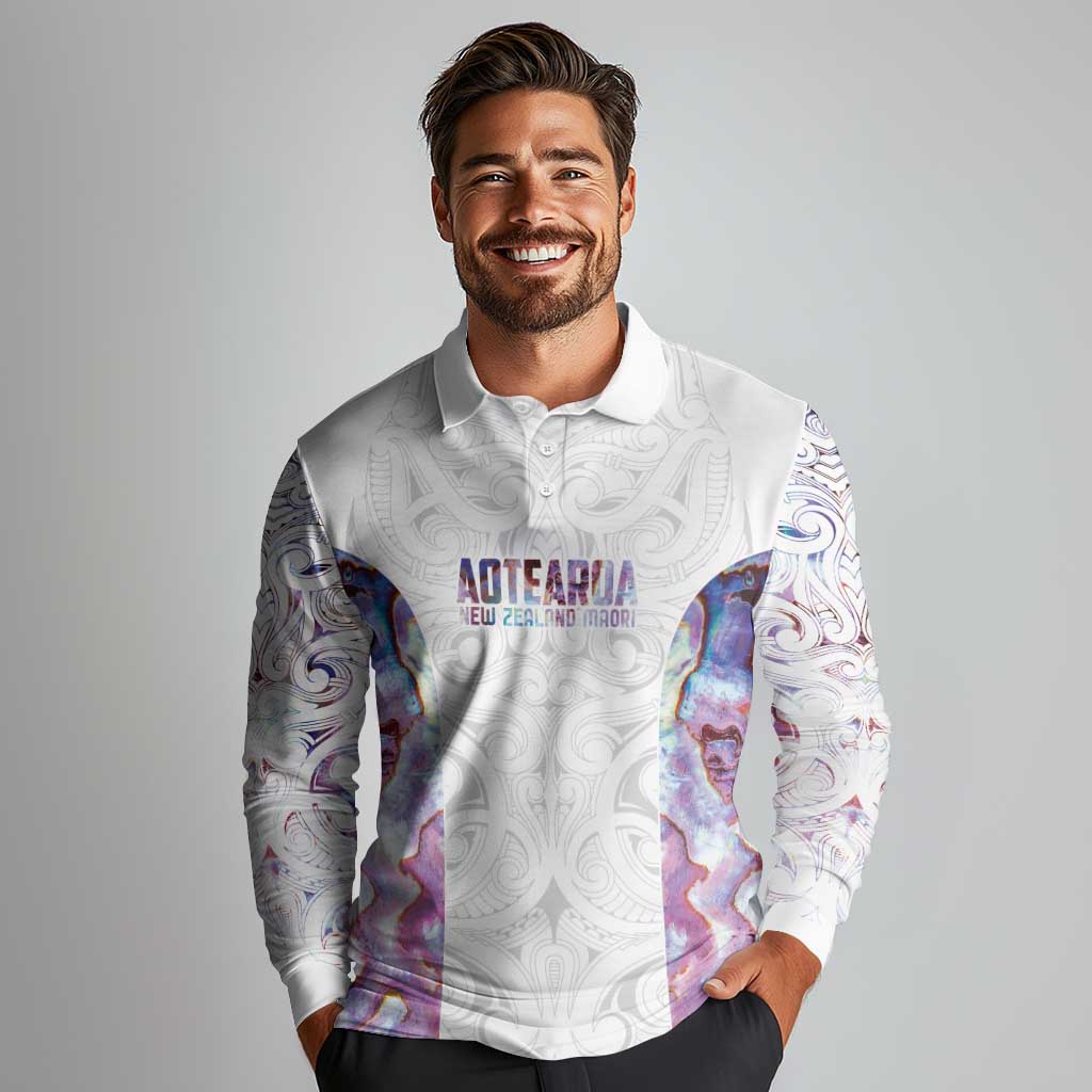 Custom New Zealand Aotearoa Long Sleeve Polo Shirt Pink Maori Paua Shell Indigenous - Polynesian Pride