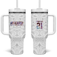 Custom New Zealand Aotearoa Tumbler With Handle Pink Maori Paua Shell Indigenous - Polynesian Pride