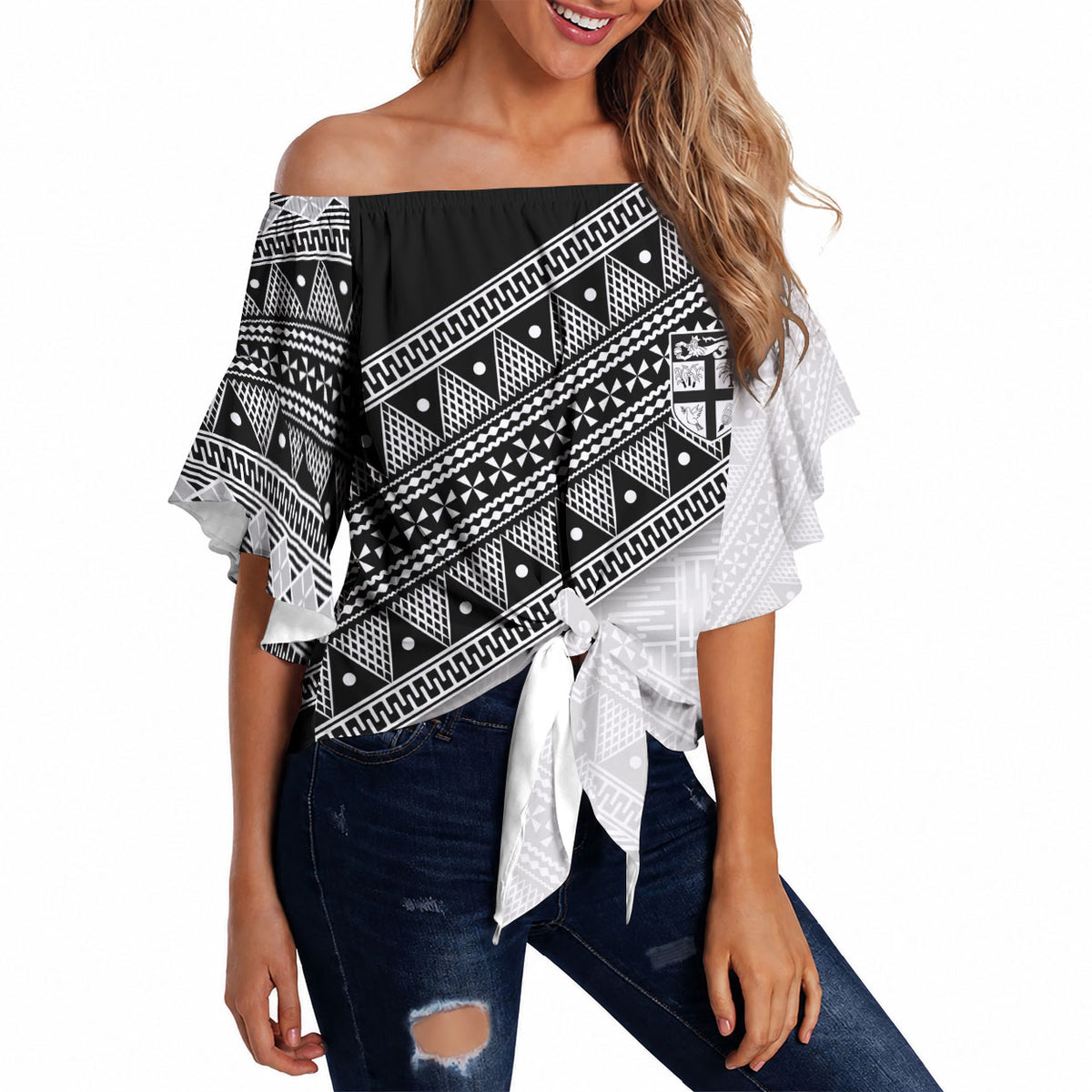 2026 Autumn Rugby Nations Fiji Custom Off Shoulder Wrap Waist Top Fijian Tapa Tribal Lauhala Inspired LT9 Black - Polynesian Pride