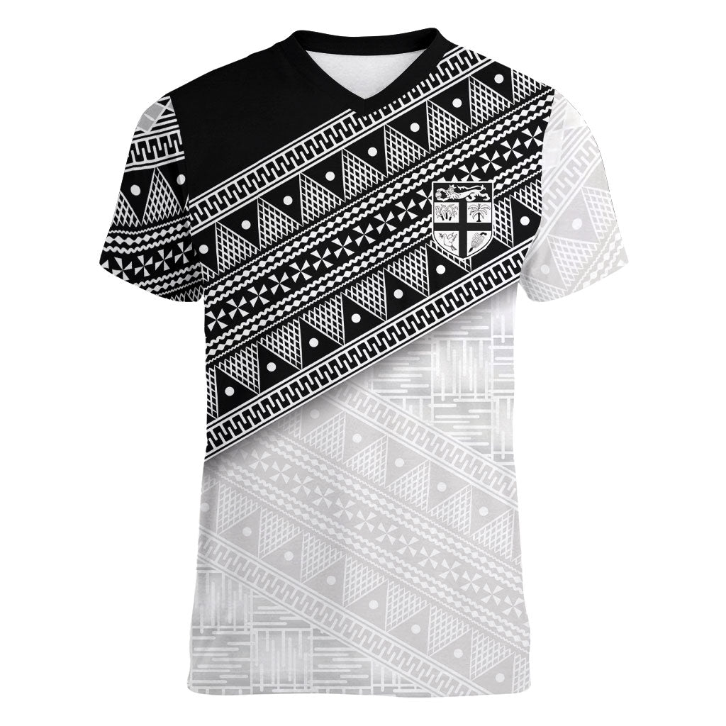 2026 Autumn Rugby Nations Fiji Custom Women V-Neck T-Shirt Fijian Tapa Tribal Lauhala Inspired LT9 Female Black - Polynesian Pride