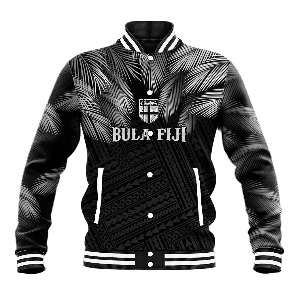 2026 Autumn Rugby Nations Fiji Custom Baseball Jacket Fijian Palm Leaf Tapa Tribal Inspired LT9 Unisex Black - Polynesian Pride