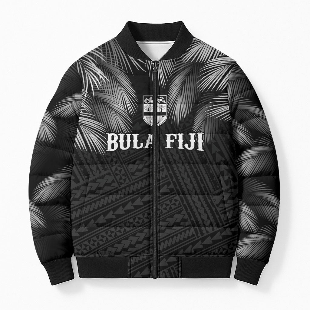 2026 Autumn Rugby Nations Fiji Custom Bomber Puffer Jacket Fijian Palm Leaf Tapa Tribal Inspired LT9 Unisex Black - Polynesian Pride