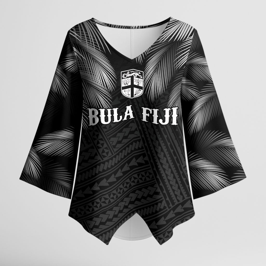 2026 Autumn Rugby Nations Fiji Custom Kimono Sleeve Blouse Fijian Palm Leaf Tapa Tribal Inspired LT9 Female Black - Polynesian Pride