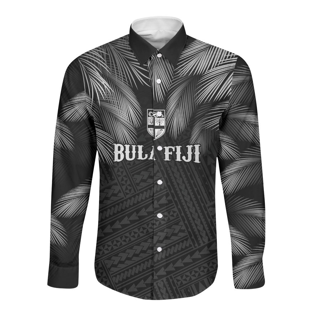 2026 Autumn Rugby Nations Fiji Custom Long Sleeve Button Shirt Fijian Palm Leaf Tapa Tribal Inspired LT9 Unisex Black - Polynesian Pride