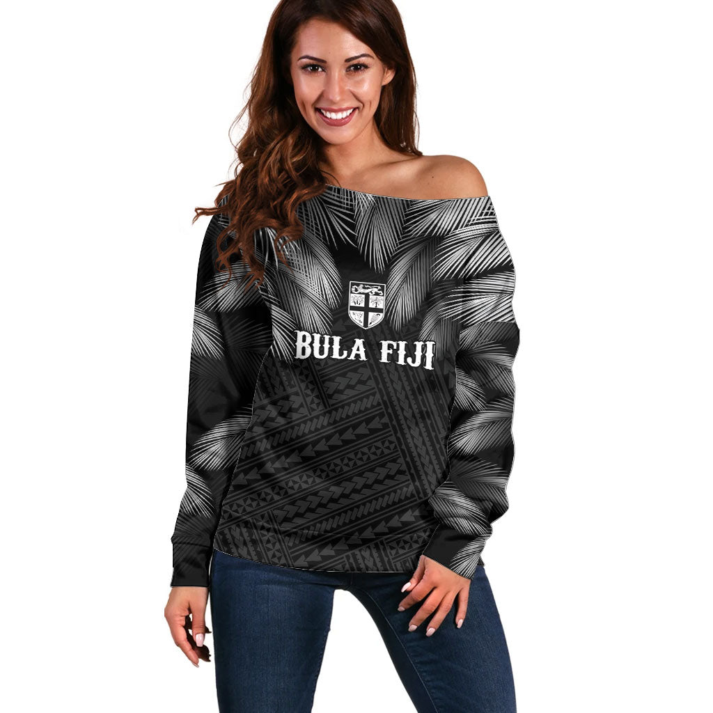 2026 Autumn Rugby Nations Fiji Custom Off Shoulder Sweater Fijian Palm Leaf Tapa Tribal Inspired LT9 Women Black - Polynesian Pride