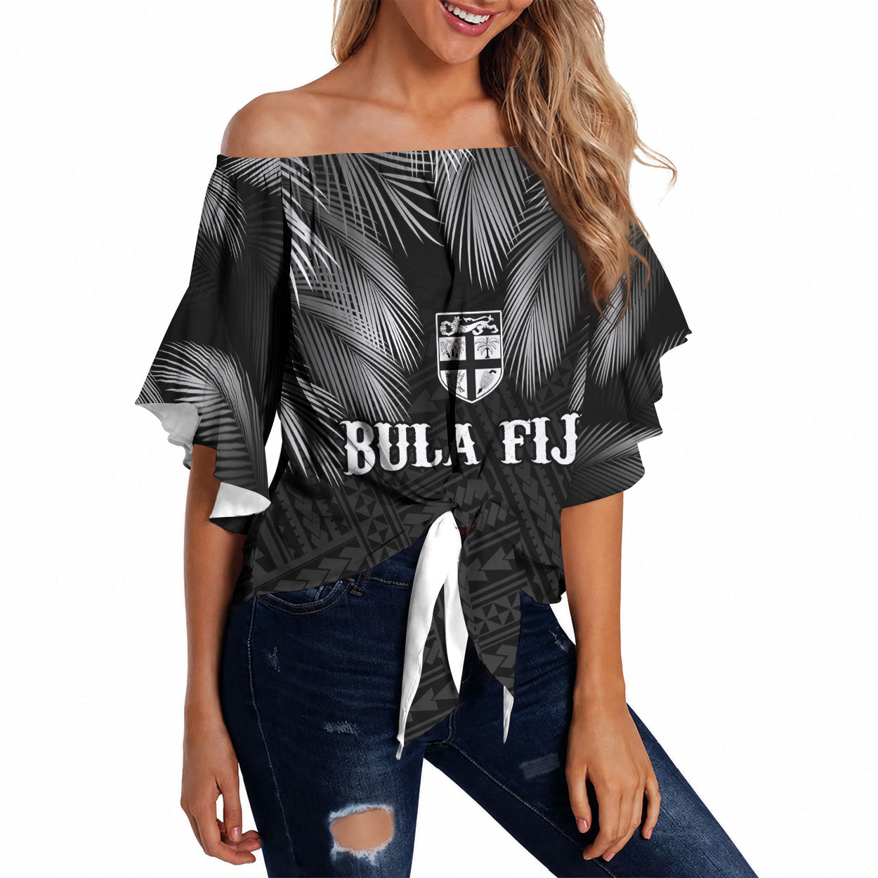 2026 Autumn Rugby Nations Fiji Custom Off Shoulder Wrap Waist Top Fijian Palm Leaf Tapa Tribal Inspired LT9 Black - Polynesian Pride