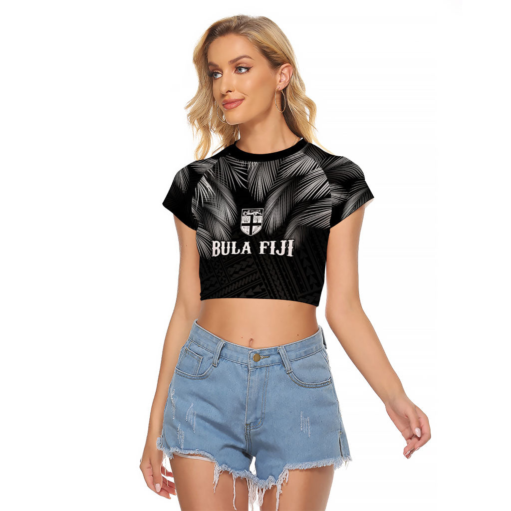 2026 Autumn Rugby Nations Fiji Custom Raglan Cropped T Shirt Fijian Palm Leaf Tapa Tribal Inspired LT9 Female Black - Polynesian Pride