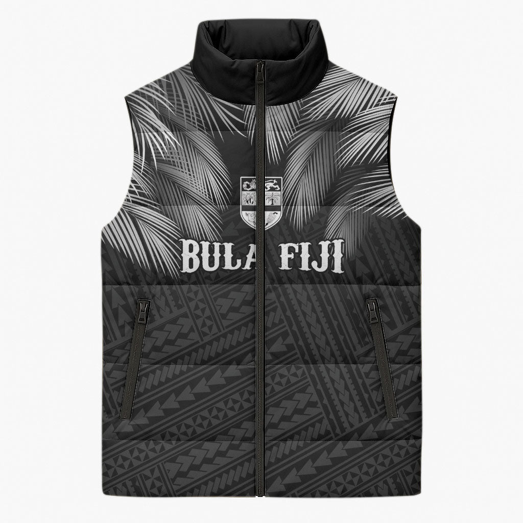2026 Autumn Rugby Nations Fiji Custom Sleeveless Puffer Jacket Fijian Palm Leaf Tapa Tribal Inspired LT9 Unisex Black - Polynesian Pride