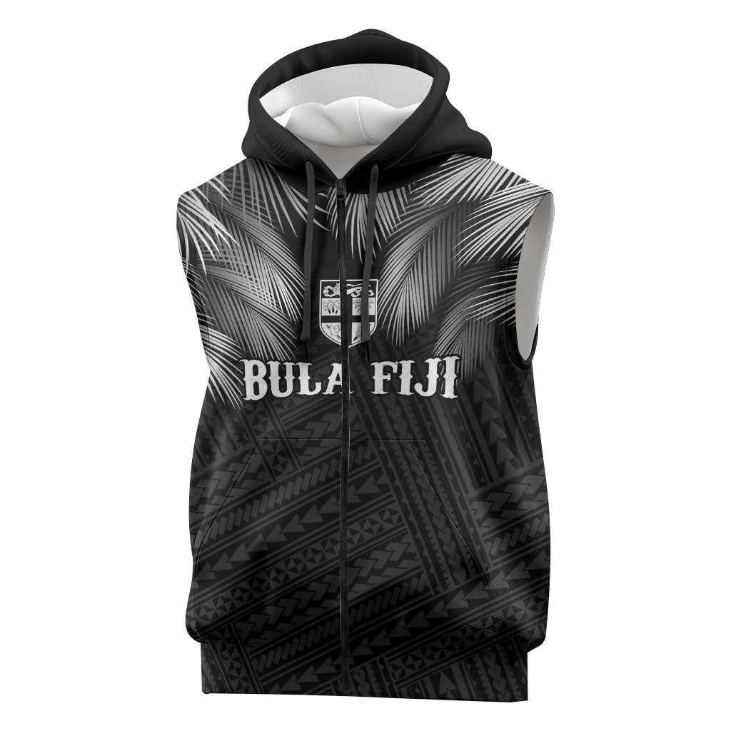 2026 Autumn Rugby Nations Fiji Custom Sleeveless Zip Hoodie Fijian Palm Leaf Tapa Tribal Inspired LT9 Black - Polynesian Pride