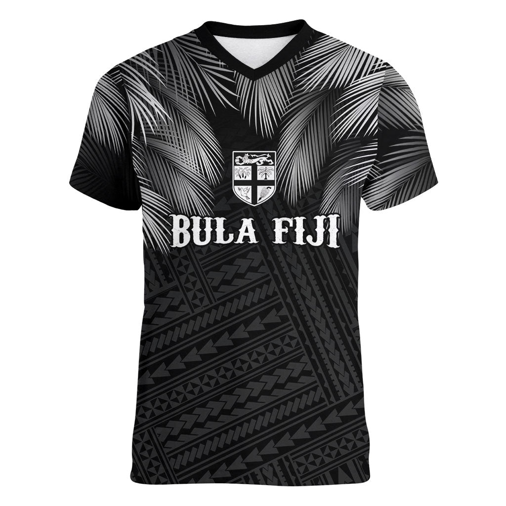 2026 Autumn Rugby Nations Fiji Custom Women V-Neck T-Shirt Fijian Palm Leaf Tapa Tribal Inspired LT9 Female Black - Polynesian Pride