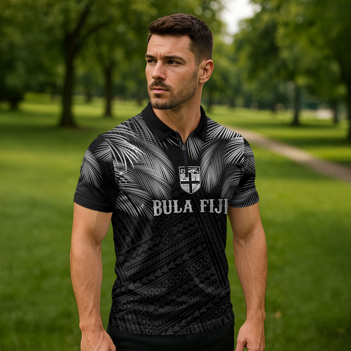 2026 Autumn Rugby Nations Fiji Custom Zipper Polo Shirt Fijian Palm Leaf Tapa Tribal Inspired LT9 - Polynesian Pride