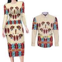 Papua Batik Motif Bird Of Paradise and Native Papuan Shield Couples Matching Long Sleeve Bodycon Dress and Long Sleeve Button Shirt LT9 Beige - Polynesian Pride