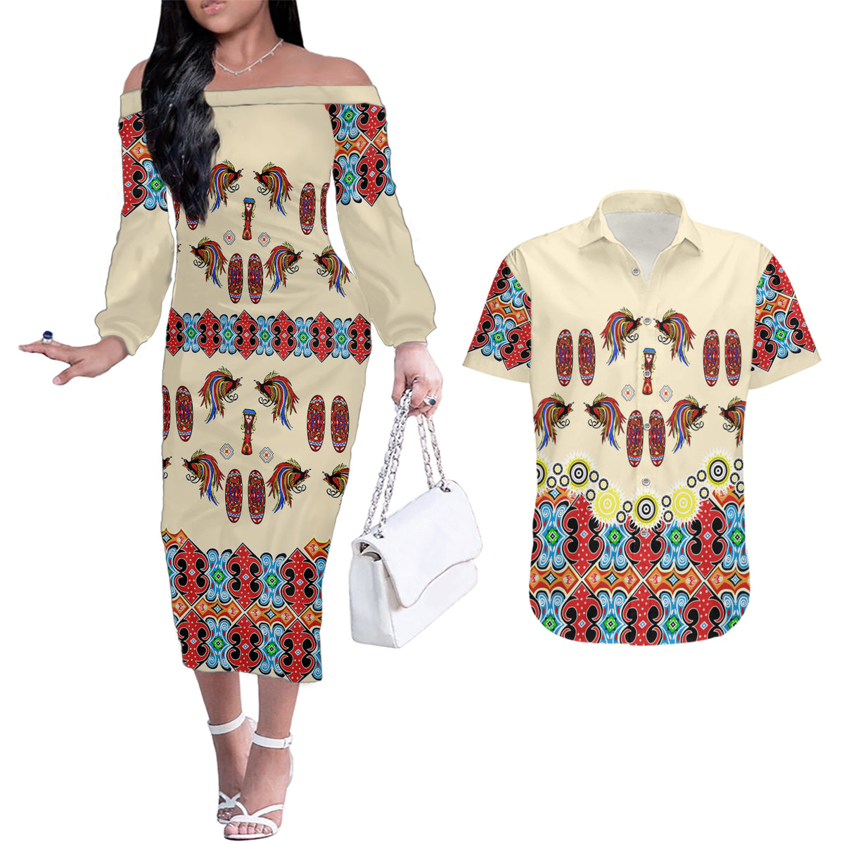 Papua Batik Motif Bird Of Paradise and Native Papuan Shield Couples Matching Off The Shoulder Long Sleeve Dress and Hawaiian Shirt LT9 Beige - Polynesian Pride