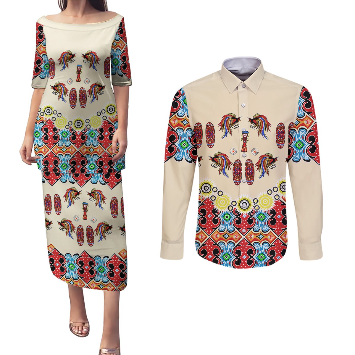 Papua Batik Motif Bird Of Paradise and Native Papuan Shield Couples Matching Puletasi Dress and Long Sleeve Button Shirt LT9 Beige - Polynesian Pride