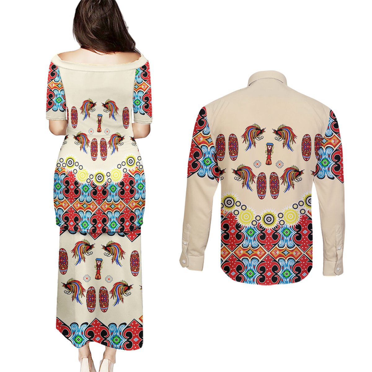 Papua Batik Motif Bird Of Paradise and Native Papuan Shield Couples Matching Puletasi Dress and Long Sleeve Button Shirt LT9 - Polynesian Pride