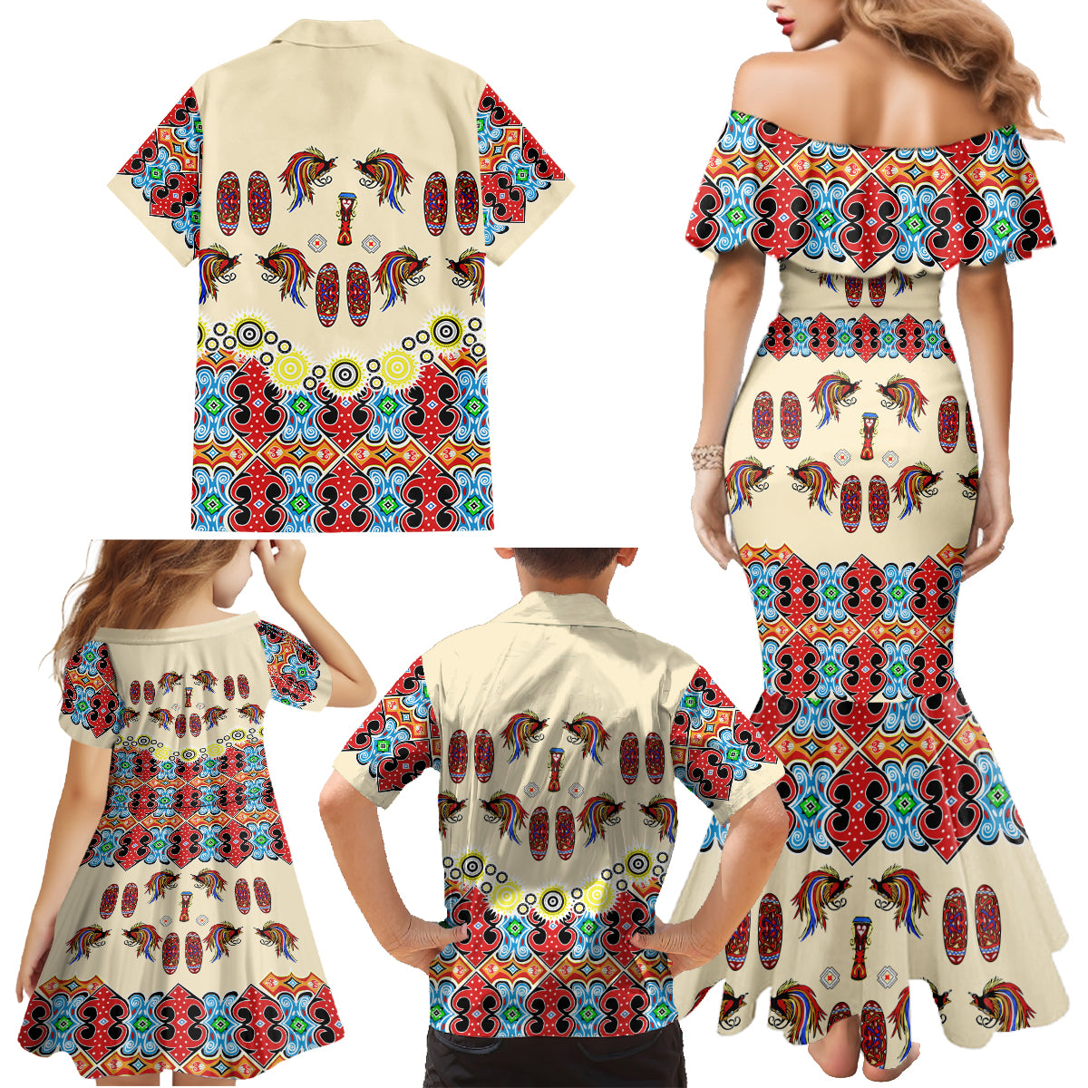 Papua Batik Motif Bird Of Paradise and Native Papuan Shield Family Matching Mermaid Dress and Hawaiian Shirt LT9 - Polynesian Pride