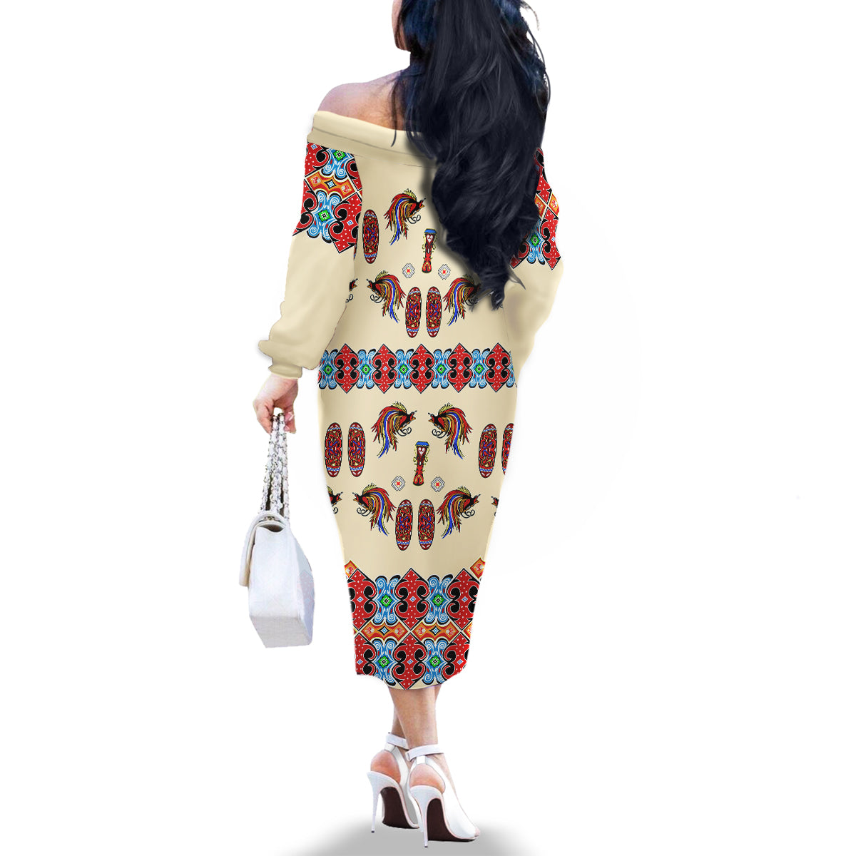 Papua Batik Motif Bird Of Paradise and Native Papuan Shield Family Matching Off Shoulder Long Sleeve Dress and Hawaiian Shirt LT9 - Polynesian Pride