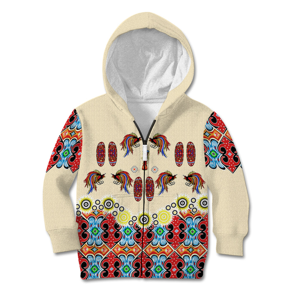 Papua Batik Motif Bird Of Paradise and Native Papuan Shield Kid Hoodie LT9 Zip Hoodie Beige - Polynesian Pride
