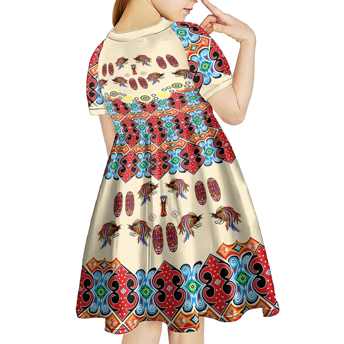 Papua Batik Motif Bird Of Paradise and Native Papuan Shield Kid Short Sleeve Dress LT9 - Polynesian Pride