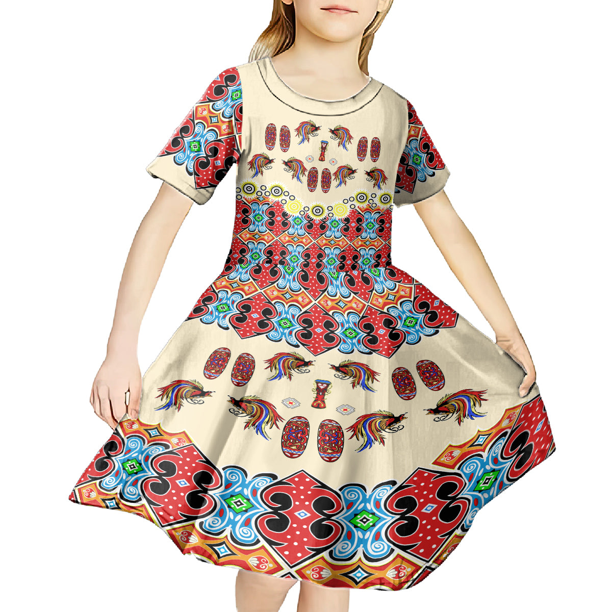 Papua Batik Motif Bird Of Paradise and Native Papuan Shield Kid Short Sleeve Dress LT9 - Polynesian Pride