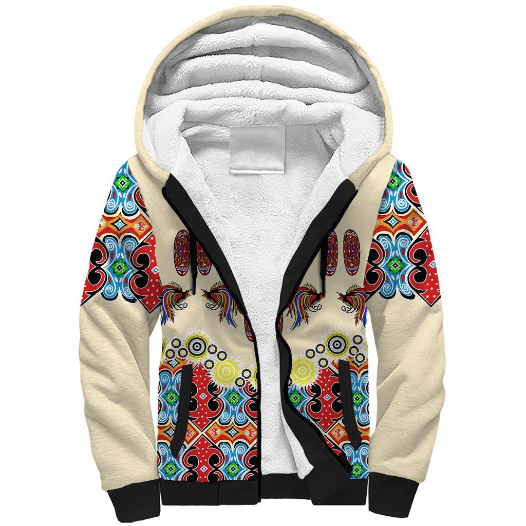 Papua Batik Motif Bird Of Paradise and Native Papuan Shield Sherpa Hoodie LT9 Unisex Beige - Polynesian Pride