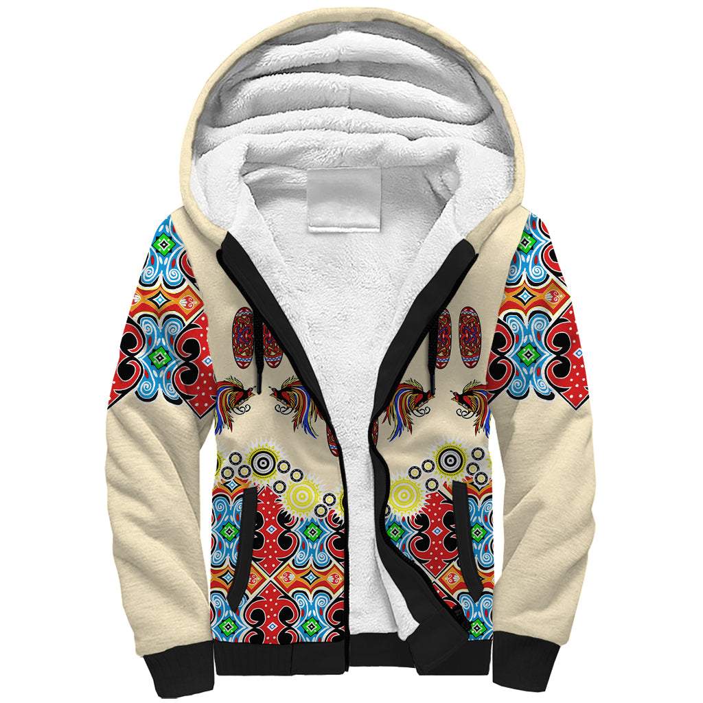 Papua Batik Motif Bird Of Paradise and Native Papuan Shield Sherpa Hoodie LT9 Unisex Beige - Polynesian Pride