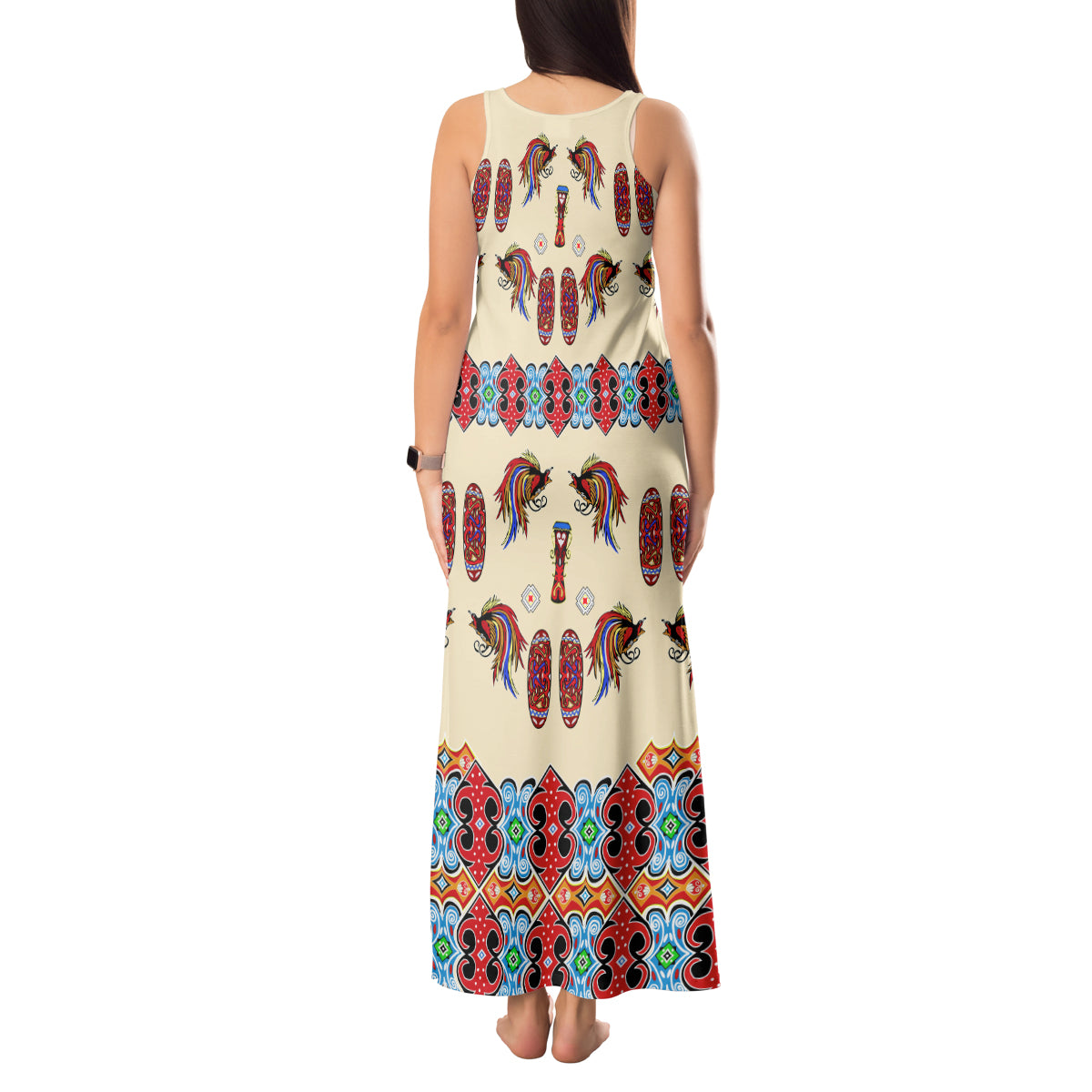 Papua Batik Motif Bird Of Paradise and Native Papuan Shield Tank Maxi Dress LT9 - Polynesian Pride