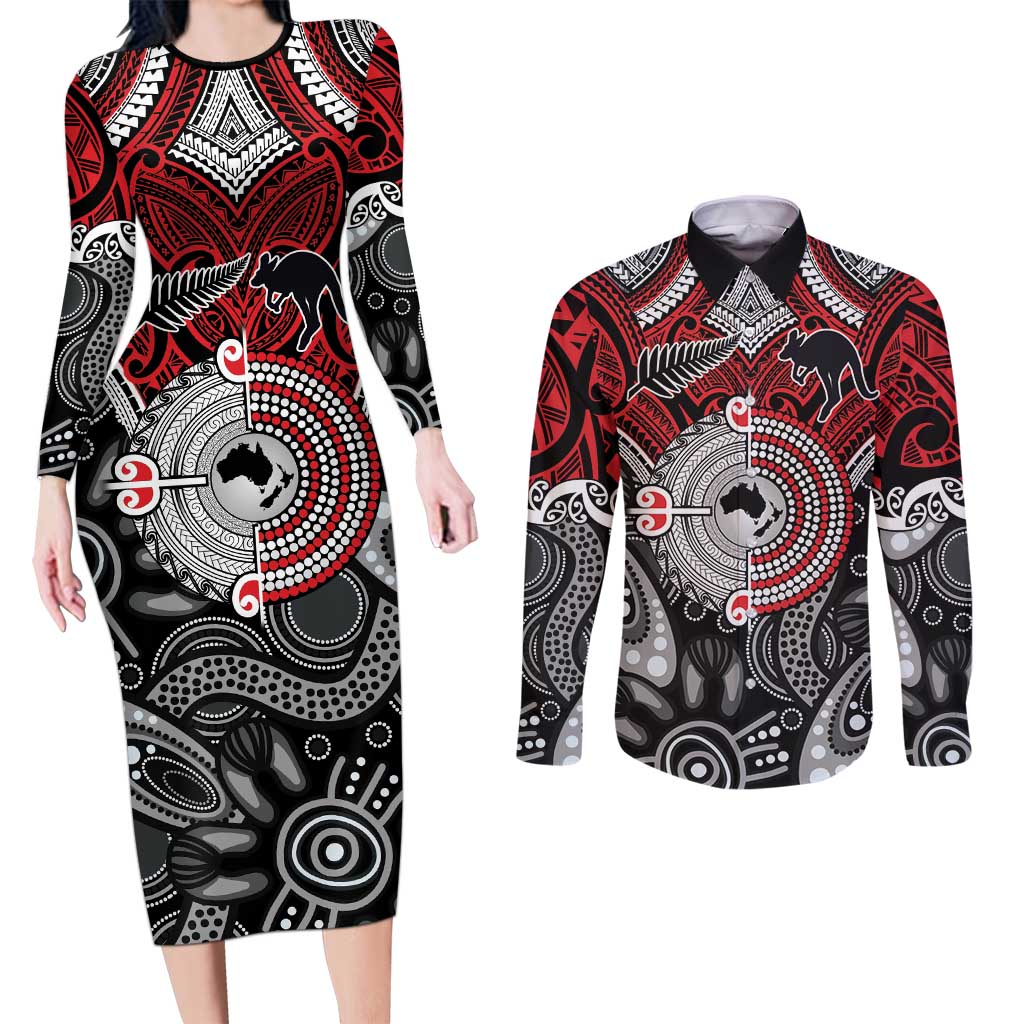 Aotearoa and Australia Couples Matching Long Sleeve Bodycon Dress and Long Sleeve Button Shirt New Zealand Honour The Treaty Ake!Ake!Ake! LT9 Red - Polynesian Pride