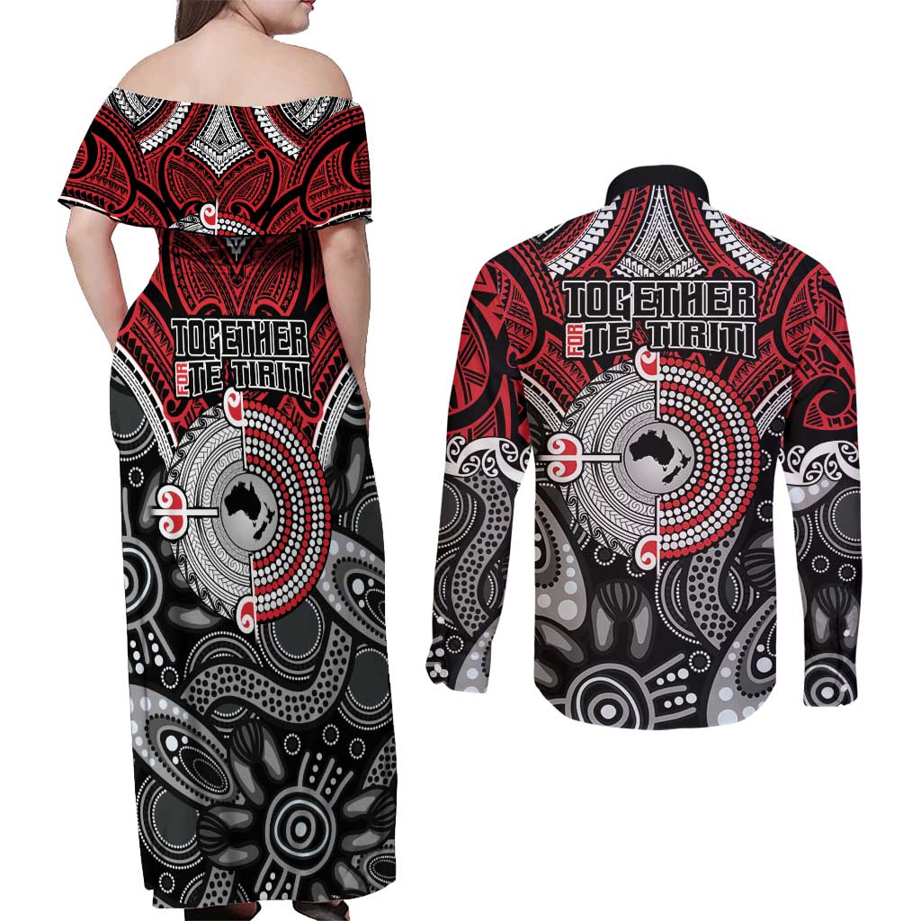 Aotearoa and Australia Couples Matching Off Shoulder Maxi Dress and Long Sleeve Button Shirt New Zealand Honour The Treaty Ake!Ake!Ake!