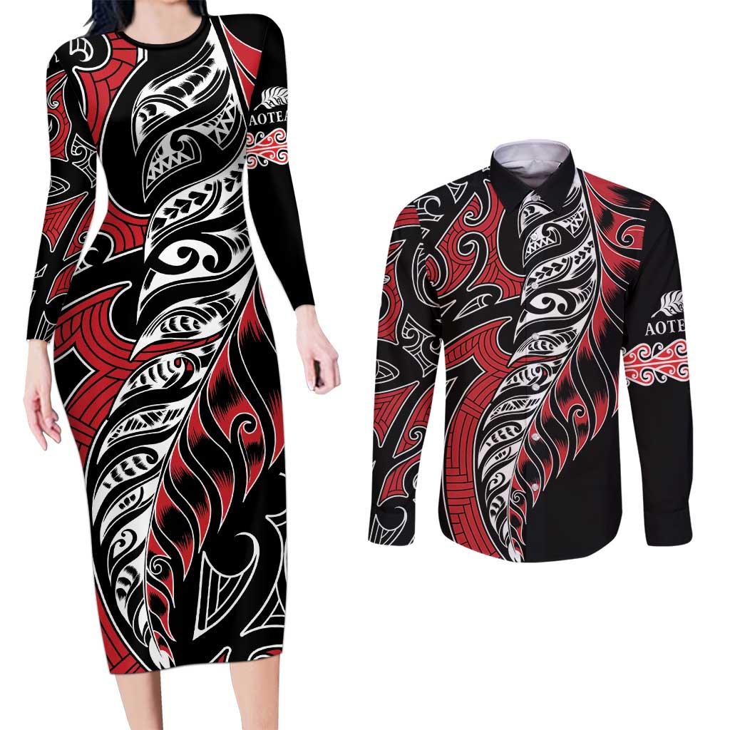 Koru Fern New Zealand Couples Matching Long Sleeve Bodycon Dress and Long Sleeve Button Shirt Maori Tribal Pattern LT9 Red - Polynesian Pride