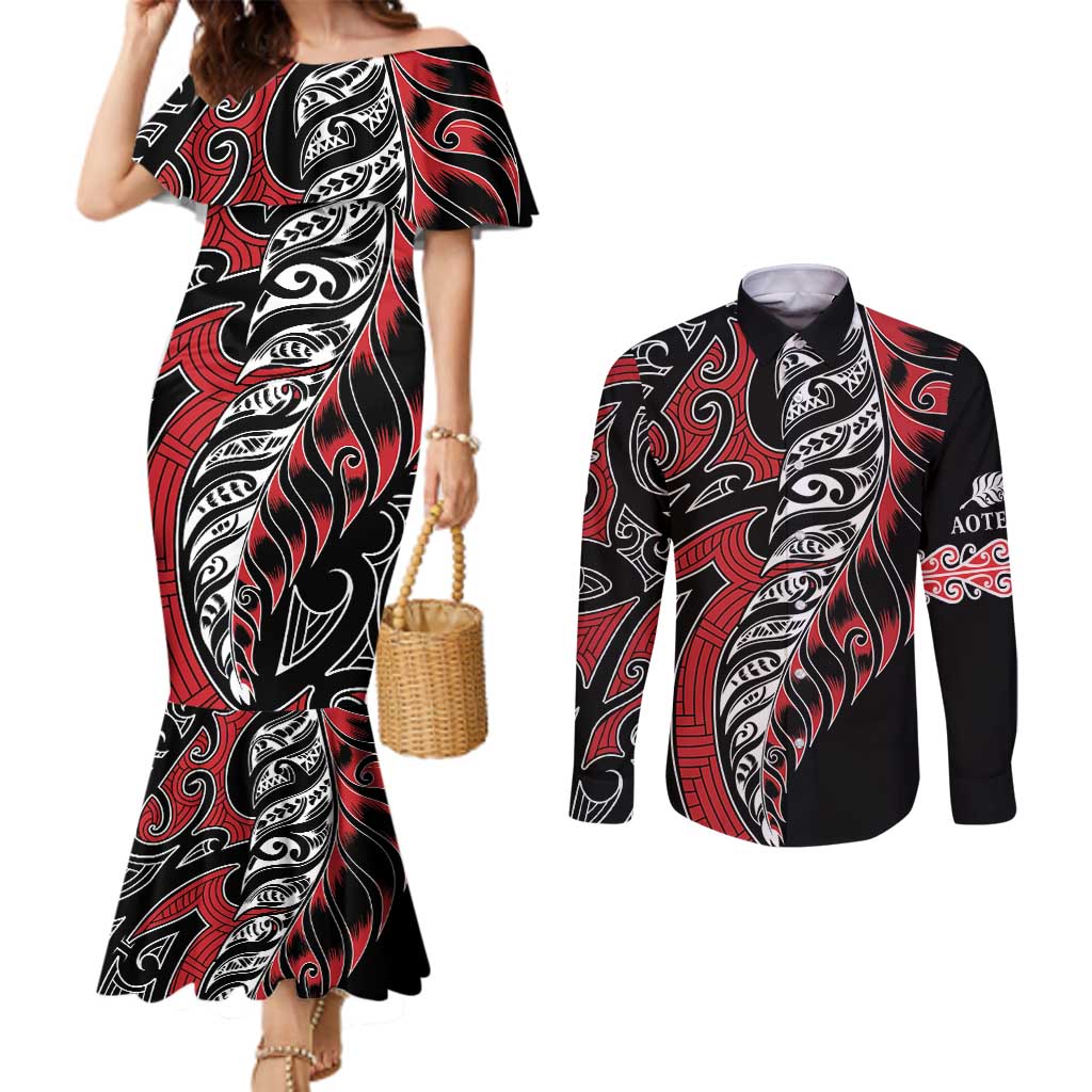 Koru Fern New Zealand Couples Matching Mermaid Dress and Long Sleeve Button Shirt Maori Tribal Pattern LT9 Red - Polynesian Pride