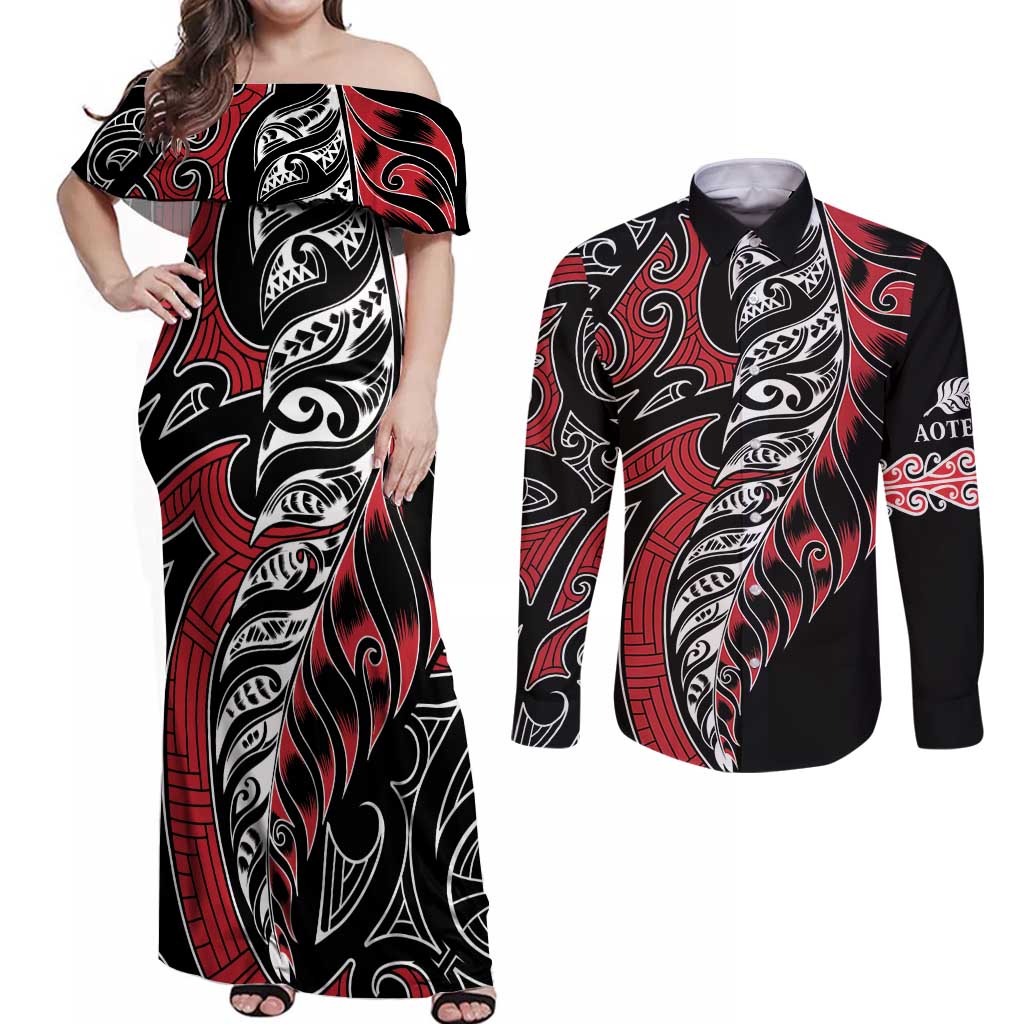 Koru Fern New Zealand Couples Matching Off Shoulder Maxi Dress and Long Sleeve Button Shirt Maori Tribal Pattern LT9 Red - Polynesian Pride