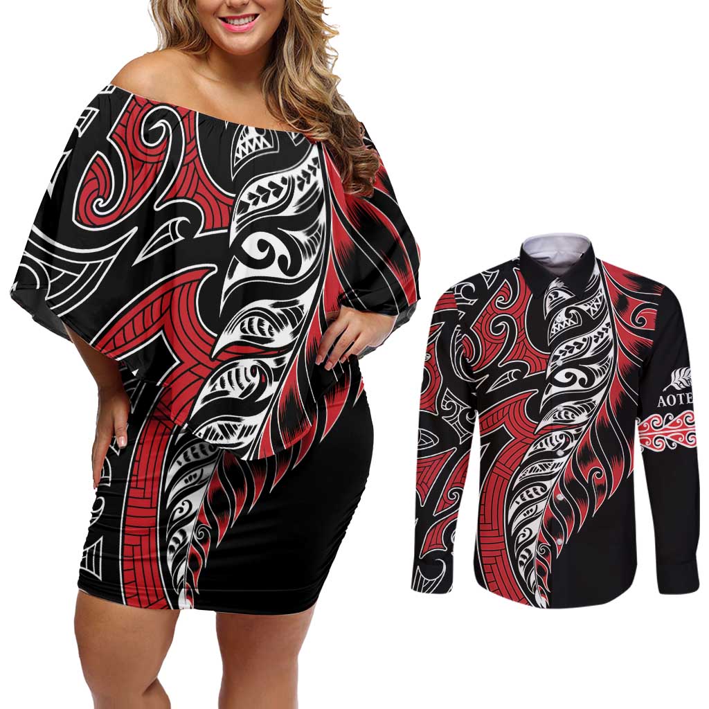 Koru Fern New Zealand Couples Matching Off Shoulder Short Dress and Long Sleeve Button Shirt Maori Tribal Pattern LT9 Red - Polynesian Pride