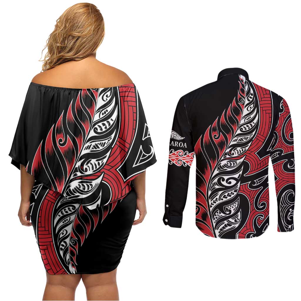 Koru Fern New Zealand Couples Matching Off Shoulder Short Dress and Long Sleeve Button Shirt Maori Tribal Pattern