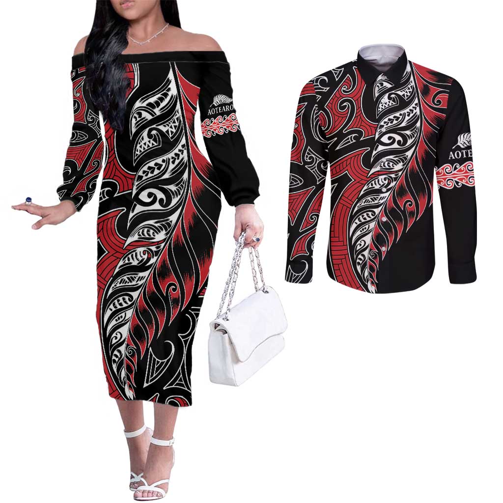 Koru Fern New Zealand Couples Matching Off The Shoulder Long Sleeve Dress and Long Sleeve Button Shirt Maori Tribal Pattern LT9 Red - Polynesian Pride