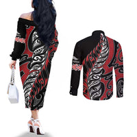 Koru Fern New Zealand Couples Matching Off The Shoulder Long Sleeve Dress and Long Sleeve Button Shirt Maori Tribal Pattern