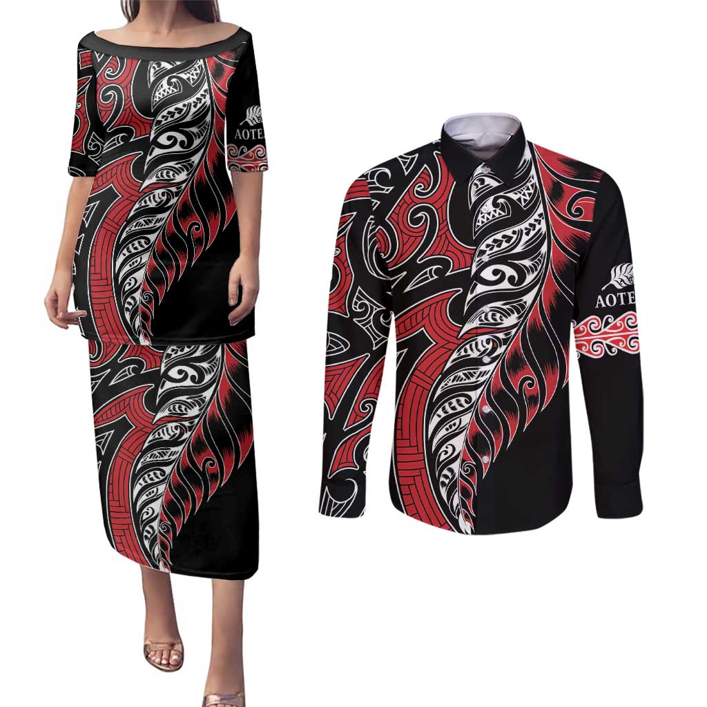 Koru Fern New Zealand Couples Matching Puletasi and Long Sleeve Button Shirt Maori Tribal Pattern LT9 Red - Polynesian Pride