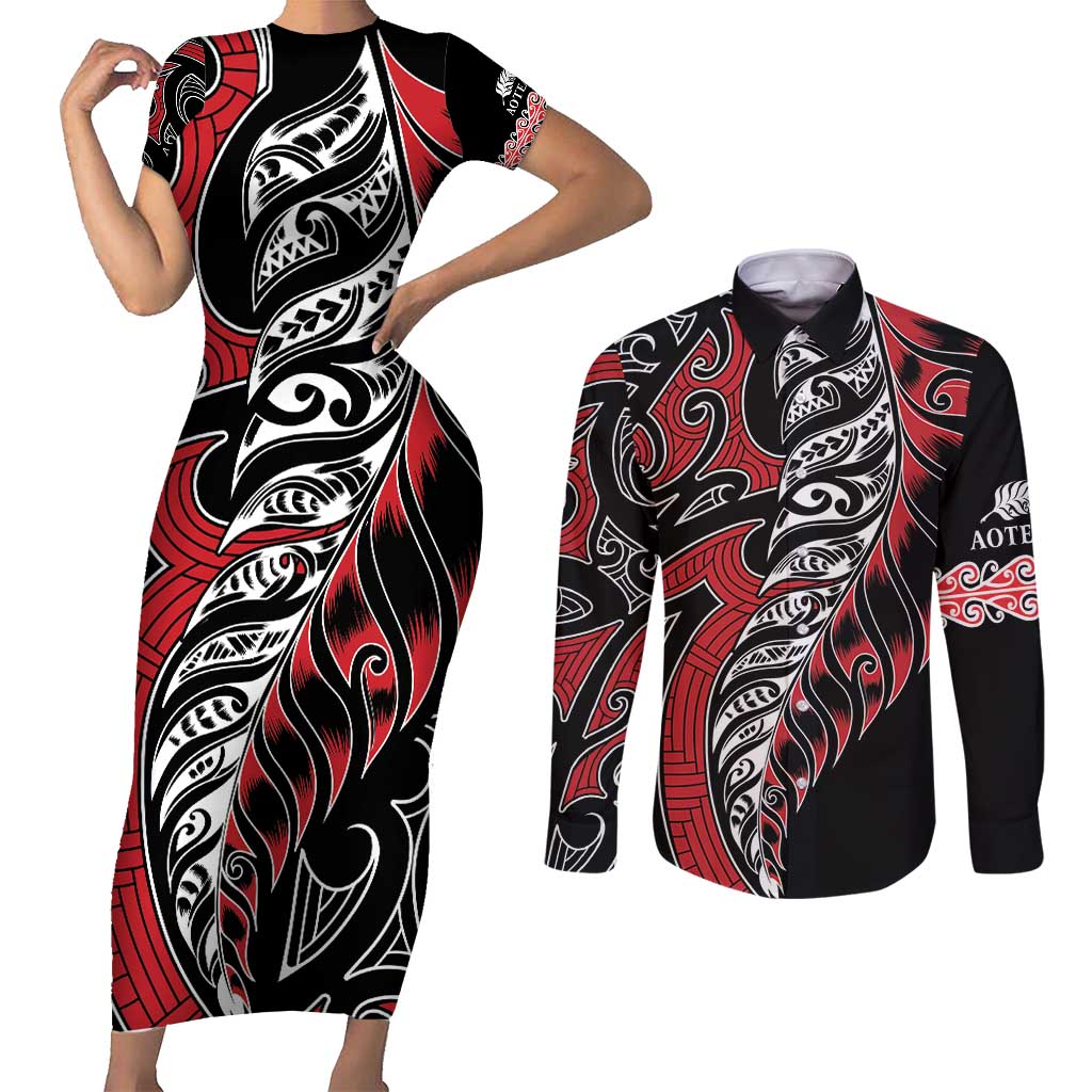 Koru Fern New Zealand Couples Matching Short Sleeve Bodycon Dress and Long Sleeve Button Shirt Maori Tribal Pattern LT9 Red - Polynesian Pride