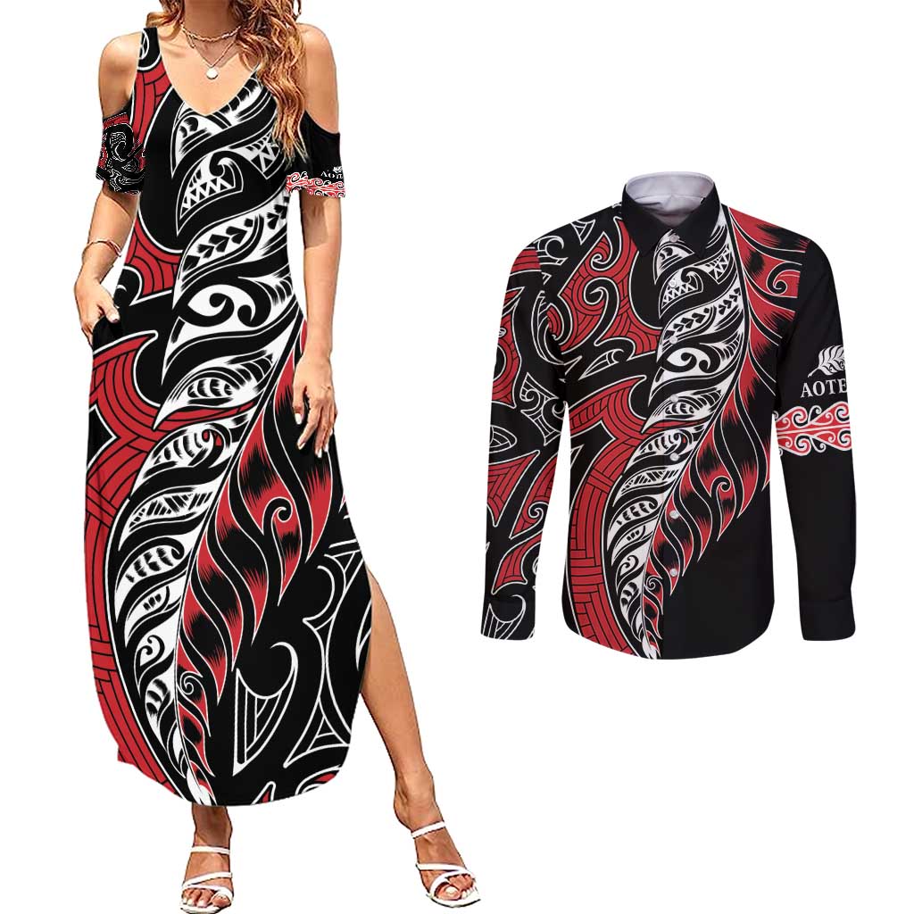 Koru Fern New Zealand Couples Matching Summer Maxi Dress and Long Sleeve Button Shirt Maori Tribal Pattern LT9 Red - Polynesian Pride