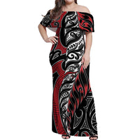 Koru Fern New Zealand Off Shoulder Maxi Dress Maori Tribal Pattern LT9 Women Red - Polynesian Pride