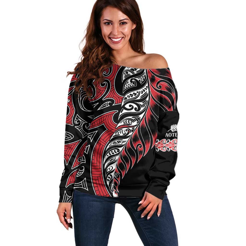 Koru Fern New Zealand Off Shoulder Sweater Maori Tribal Pattern LT9 Women Red - Polynesian Pride