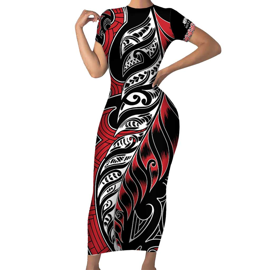 Koru Fern New Zealand Short Sleeve Bodycon Dress Maori Tribal Pattern LT9 Long Dress Red - Polynesian Pride