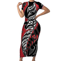 Koru Fern New Zealand Short Sleeve Bodycon Dress Maori Tribal Pattern LT9 Long Dress Red - Polynesian Pride