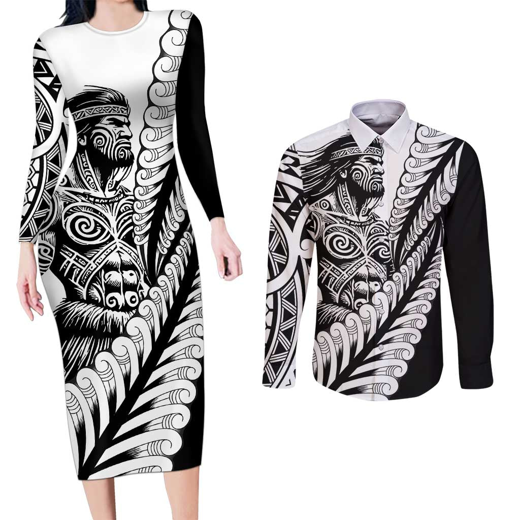 Koru Fern New Zealand Maori Tribal Warrior Couples Matching Long Sleeve Bodycon Dress and Long Sleeve Button Shirt LT9 Black - Polynesian Pride