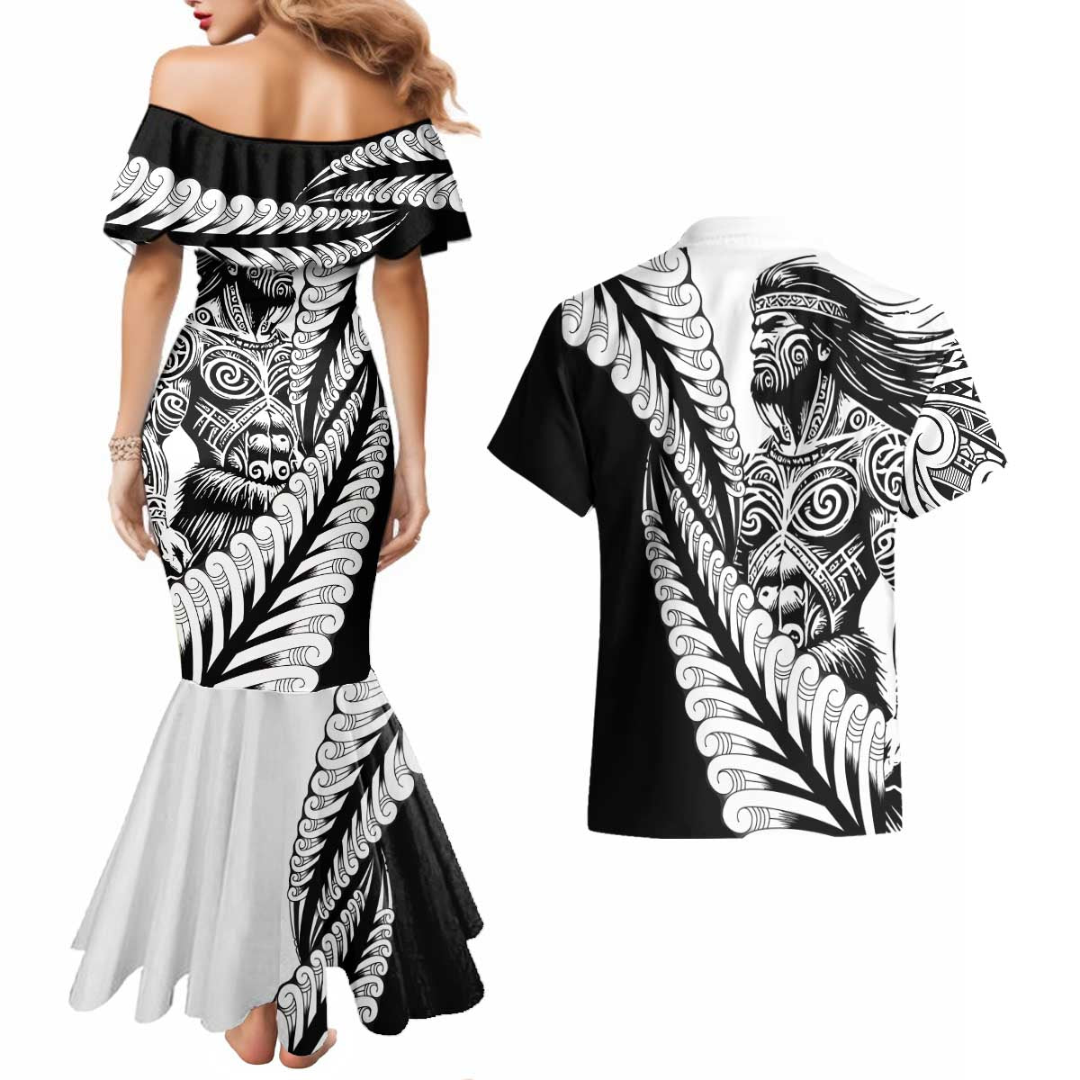 Koru Fern New Zealand Maori Tribal Warrior Couples Matching Mermaid Dress and Hawaiian Shirt
