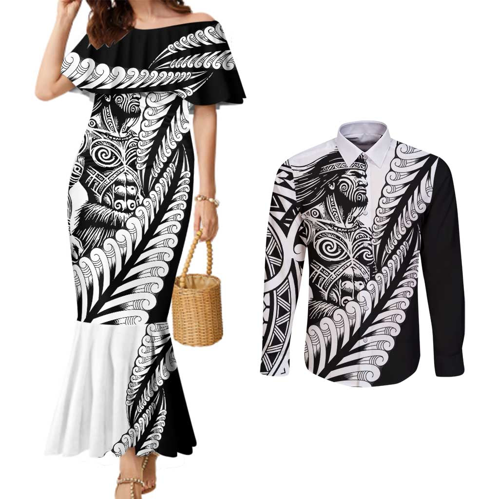 Koru Fern New Zealand Maori Tribal Warrior Couples Matching Mermaid Dress and Long Sleeve Button Shirt LT9 Black - Polynesian Pride