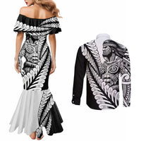 Koru Fern New Zealand Maori Tribal Warrior Couples Matching Mermaid Dress and Long Sleeve Button Shirt